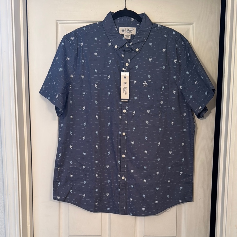 Original Penguin Blue Short Sleeve Button front Shirt Size XL front left pocket